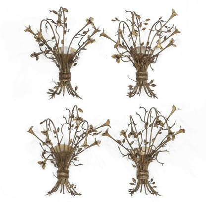 A SET OF FOUR GILT TOLE BOUQUET WALL SCONCES